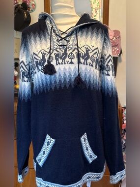 Men's Navy Blue Nordic Knit Pullover Sweater Hoodie Alpaca boho large